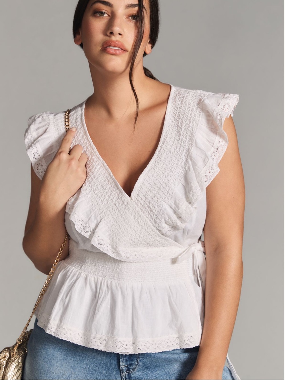 Anthropologie White Ruffled V-Neck Peplum Top - Women